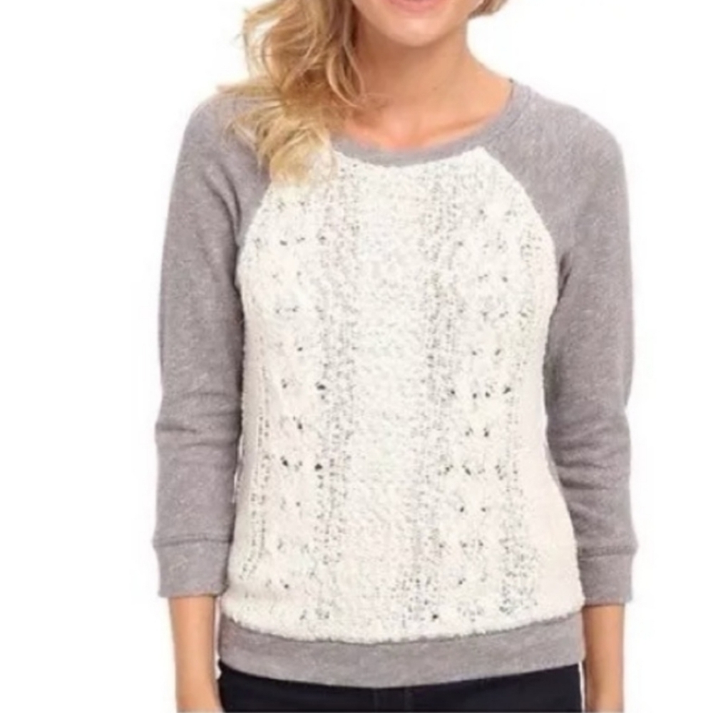 Lycky Brand "Lucky Bliss California" Front‎ Crocheted Mix Media Sweater Top Gray